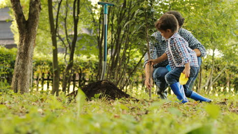 Portrait-of-a-little-boy-and-his-dad-planting-a-tree.-The-boy-touches-the-tree-and-plays-around.-Dad-takes-care-of-him.-Blurred-background
